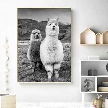 Lama crno bijelo životinja platnu Slikarstvo alpaka plakata i grafika zid umjetnost slika za dječju sobu kućni ukras Cuadros