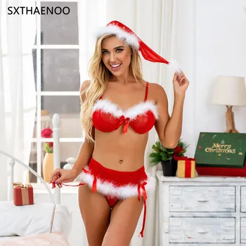 SXTHAENOO 2020 Božićni seksi kostim ženski šešir pidžama donje rublje seksi donje rublje bez rukava 4 seta erotskog donjeg rublja