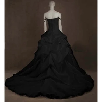 Gotički Vjenčanica Crna Vjenčanica Loptu Haljina S Ramena, Taft Naborima, Volanima Munja Victorian Vjenčanje Haljine 2020