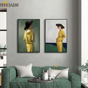 Vogue fashion platnu ispis postera slikarstvo Europski moderni stil žutu haljinu žena zidni paneli umjetnost uređenje doma za dnevni boravak