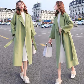 Fengguilai zelene vune kaput ženski duga jakna novi jesen i zima korejski moda ured dame vuneni kaput žene