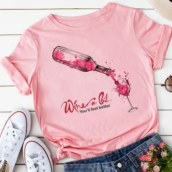 Pink plus veličina majice žene ljeto crno vino staklo ispis Dama svakodnevni t-shirt majice Harajuku ulica kratki rukav O izrez t-shirt