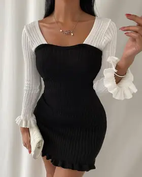 2020 ženska moda elegantan, seksi volan rub zavezan pre plesti Bodycon haljini dugih rukava mini mršavi šarenilo haljina rebra plesti