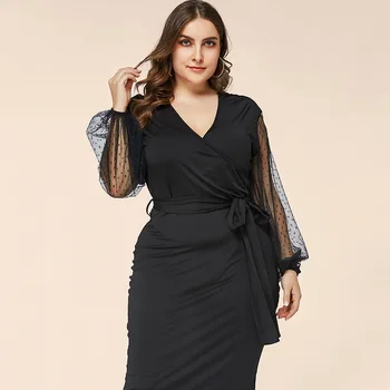 2021 proljeće ljeto plus size haljina za žene velike duge rukave tanke svakodnevni čipke V vrat pencil haljine zona crna 4XL 5XL 6XL