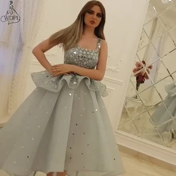 Moda Beaded Haljina Prom 2019 Kvadratni Izrez Crystal Баски Loptu Haljina Visoka Niska Večernja Haljina Arapski Stil Formalne Haljina