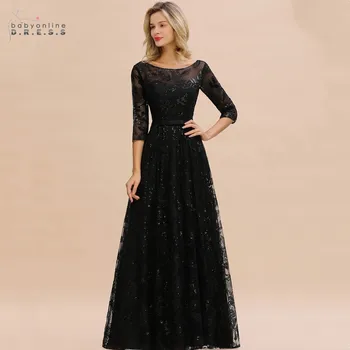 Elegantne crne čipke, haljine A-line Mother Of the Bride skromna O-izrez 3/4 rukavima vjenčanica Vestido De Madrinha