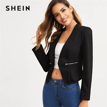 SHEIN Black Open Placket Zip Detail Blazer žene proljeće i jesen čvrste приталенные sakoi office dame elegantan kaput blazers