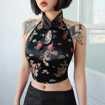 2020 kineski stil Cheongsam odjeća za žene Djevojke moda ulica Seksi Zlatni zmaj s otvorenim leđima stimuliranje ular vrat završiti crop top