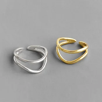 Silvology 925 sterling srebra dvostruke slojeve sjajni linija prstena elegantan Divlji INS minimalistički otvoreni prsten za žene ured nakit
