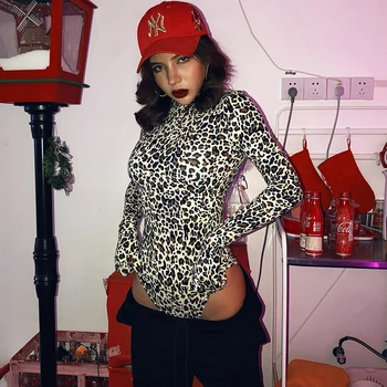 LVINMW Seksi Leopard Printed Bodycon Bodysuits 2019 Sumer jesen žene s dugim rukavima visoki vrat uski body odijelo kratke hlače kombinezon