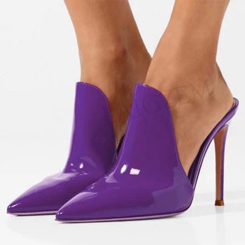 LAIGZEM FASHION Women Mules Slip on Stiletto Heels Slides Patent Shiny Sandalia Zapatos Lady Shoes Woman Ladies Large Size 44 47