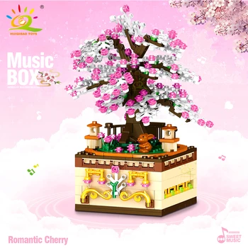 HUIQIBAO 487 kom. trešnja Muzička kutija rotirajući Sakura gradivni blokovi tehnički cigle igračke za djecu djevojka poklon