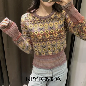 KPYTOMOA Women 2020 Fashion жаккардовый skraćene pletene džemper Vintage O neck, dugi rukav ženski puloveri šik vrhovima