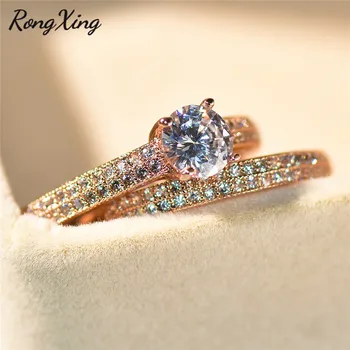 RongXing rose gold ispunjen zaručnički prsten skup za žene srebrna boja bijela AAA Cirkon dvostruki prsten par za vjenčanje nakit