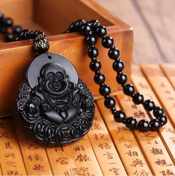 Jedinstveni Crni Opsidijan Buda Uklesan Sretan Amulet Privjesak Ogrlice Za Žene I Muškarce Shakyamuni Buddha Ogrlica Ovjes Kamen Nakit
