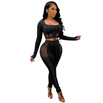 Seksi Lace Up Two Piece Women Sets Festival Odjeca Crop Top and Slim Pants Party Club Outfits for Women 2 Piece Matching Sets