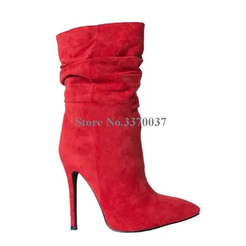 Žene visoke kvalitete Oštar čarapa antilop koža tanka peta čizme do sredine tele crveno i crno skliznuti na visoku petu čizme Klupska cipele