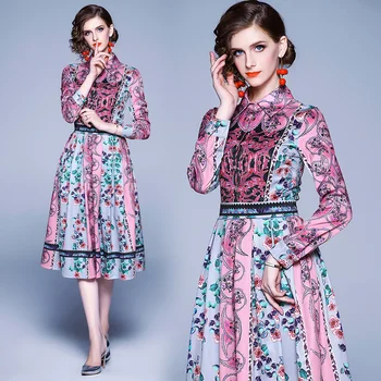 2019 Jesen Žene Nabrane Haljine Piste Kvaliteta Dugi Rukav Cvjetni Print Elegantan Midi Haljina Vestido Robe Femme