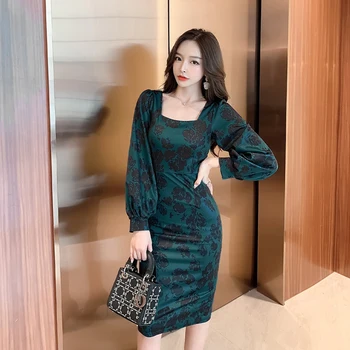 Zelena široka jedan komad korejski dame dugi rukav elegantan ispis Seksi noćni klub Midi haljine stranke za žene porculana odjeće