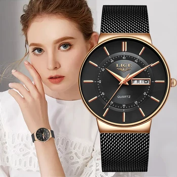 LIGE Women Watches Luksuzni Brand ultra-tanki Kalendar Tjedan kvarcni sat ženska mreža od nehrđajućeg čelika, vodootporan dar reloj muje+kutija