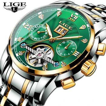 LIGE Green Fashion Mechanica mens Top Brand Luxury Tourbillon vodootporan sportski automatski mehanički sat za muškarce+kutija
